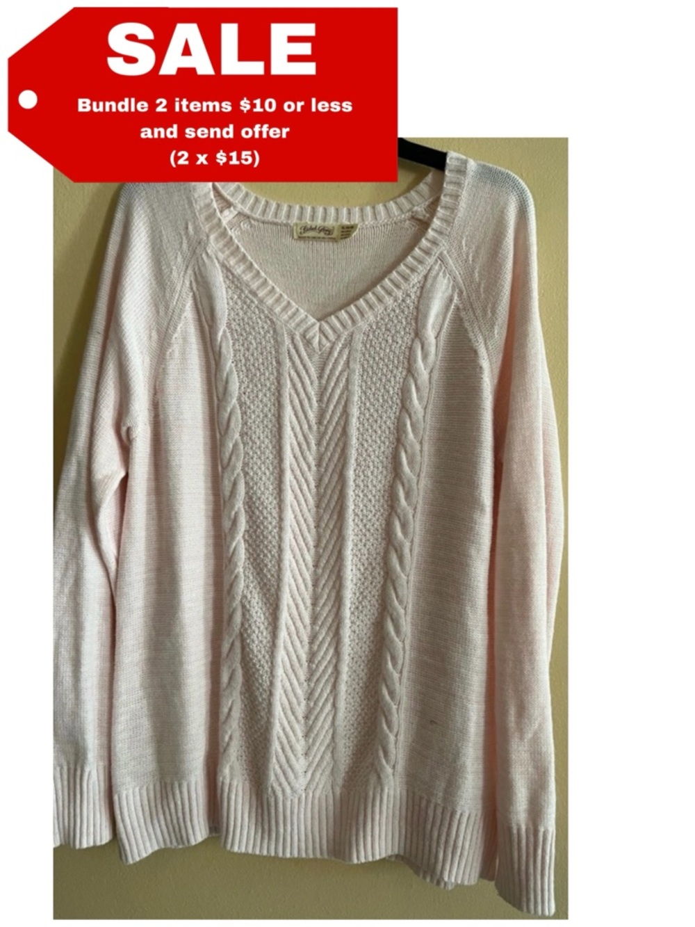 Faded Glory Cable Knit Light Pink V-Neck Sweater